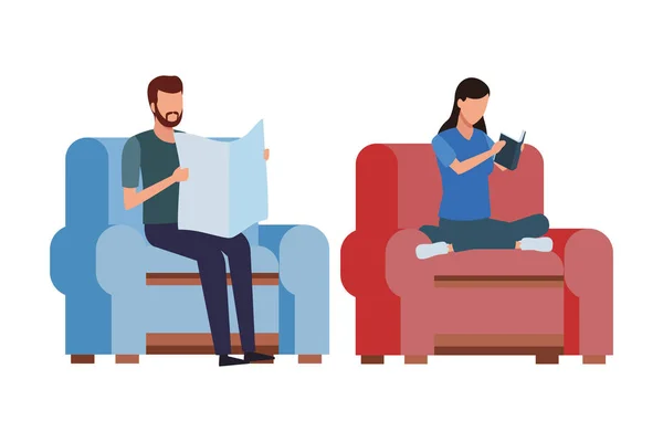 Pareja sin rostro leyendo sala de estar — Vector de stock