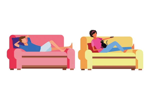 Pessoas sem rosto relaxar com gato sala de estar — Vetor de Stock