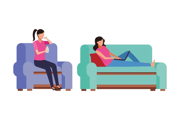 Persone senza volto rilassarsi e mangiare soggiorno — Vettoriale Stock