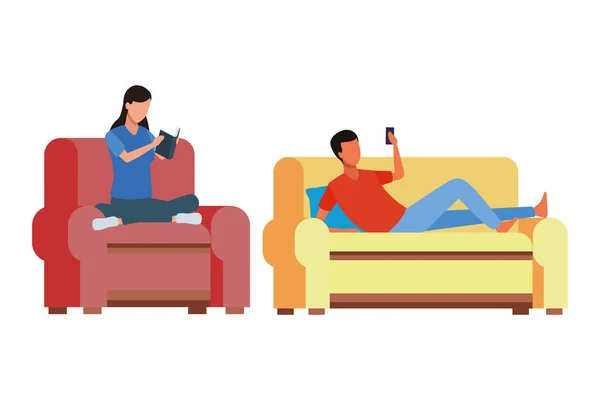 Anonieme mensen ontspannen en lees woonkamer — Stockvector