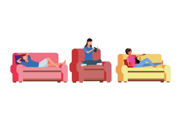 Faceless people relax living room — стоковый вектор