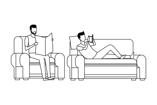 Hommes sans visage lecture salon en noir et blanc — Image vectorielle