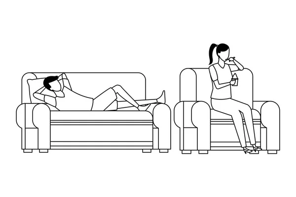 Personnes sans visage se détendre et manger salon en noir et blanc — Image vectorielle