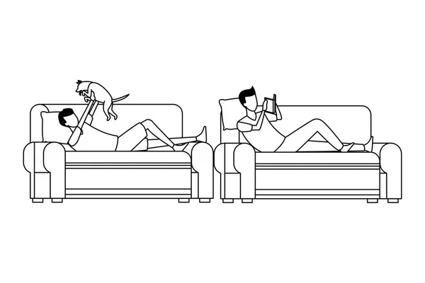 Anonieme mannen en hond woonkamer sofa in zwart-wit — Stockvector