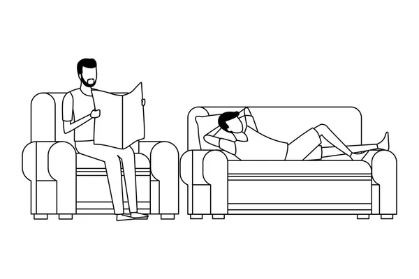 Hommes sans visage lecture salon en noir et blanc — Image vectorielle