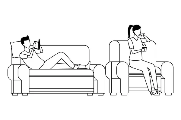Personnes sans visage se détendre et manger salon en noir et blanc — Image vectorielle
