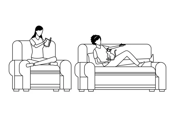 Femmes sans visage se détendre avec salon chat en noir et blanc — Image vectorielle