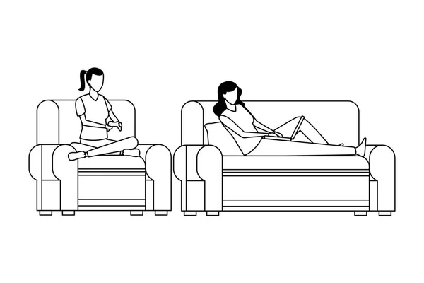 Femmes sans visage jouant aux jeux vidéo salon en noir et blanc — Image vectorielle