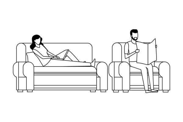 Couple sans visage et salon en noir et blanc — Image vectorielle