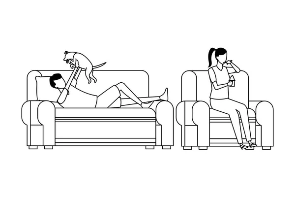Personnes sans visage se détendre avec salon chien en noir et blanc — Image vectorielle