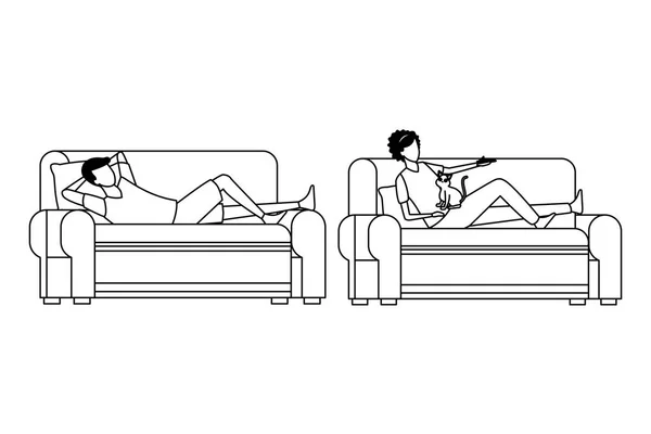 Couple sans visage passe temps salon en noir et blanc — Image vectorielle