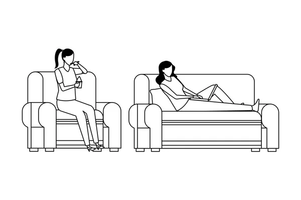 Personnes sans visage se détendre et manger salon — Image vectorielle