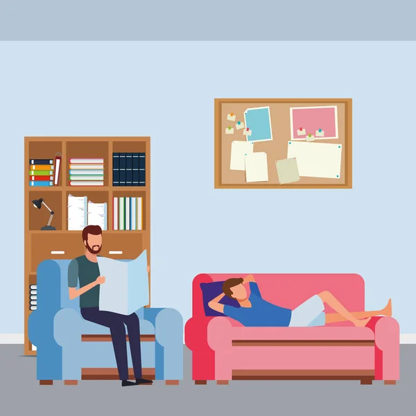Hombres sin rostro leyendo sala de estar — Archivo Imágenes Vectoriales