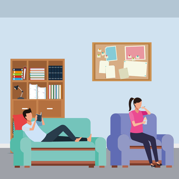 faceless people relax and eating living room