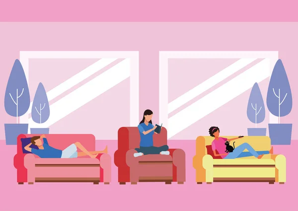 Faceless people relax living room — стоковый вектор