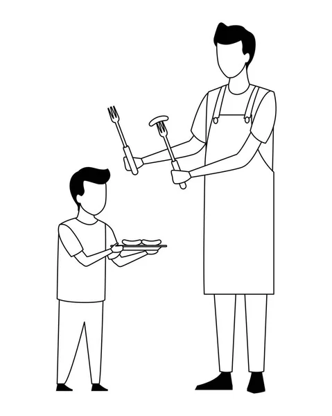 Sem rosto pai e filho churrasco comida em preto e branco — Vetor de Stock