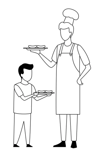 白と黒の顔の見えない父と息子のバーベキュー料理 — ストックベクタ