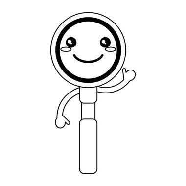 Kawaii Büyüteç siyah beyaz çizgi film gülümseyen