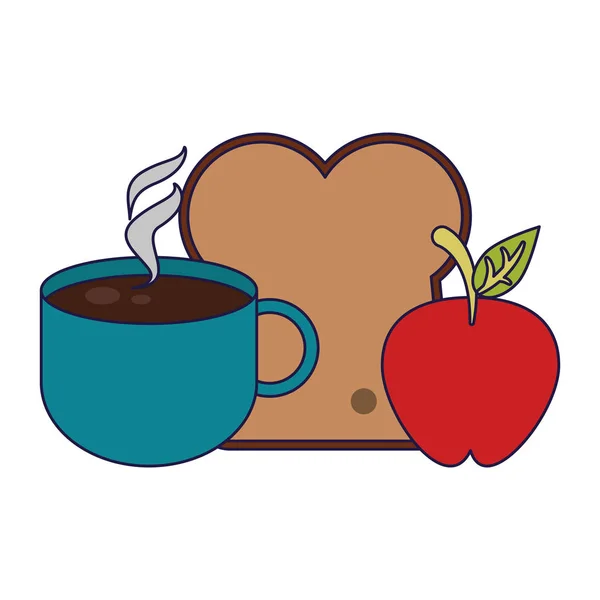 Kahve fincanı ekmek ve elma — Stok Vektör