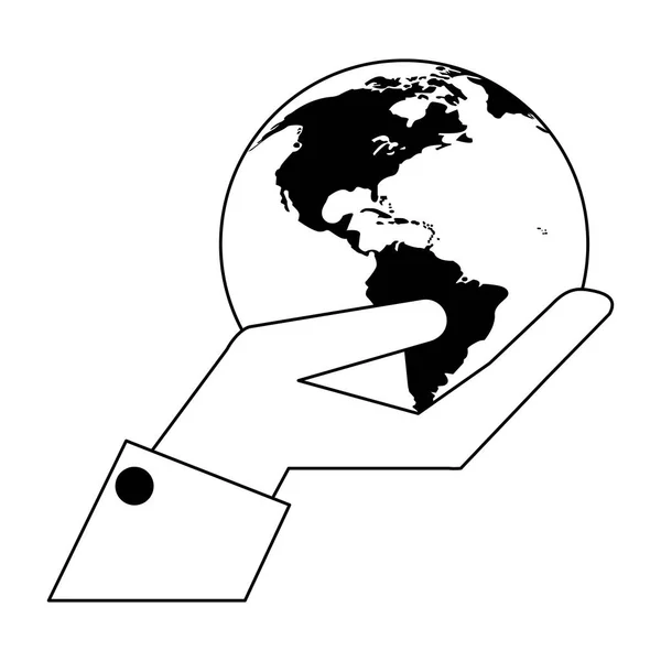 Рука тримає земний світ в чорно-білому — стоковий вектор