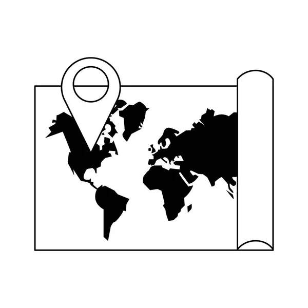 Wereldkaart met pin locatie symbool in zwart-wit — Stockvector