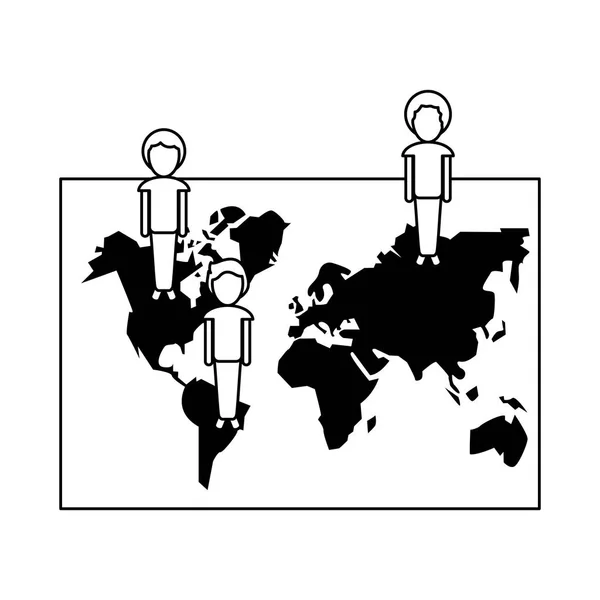 People on world map social network in black and white — Stock Vector