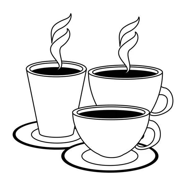 Tazas de café caliente en platos en blanco y negro — Vector de stock