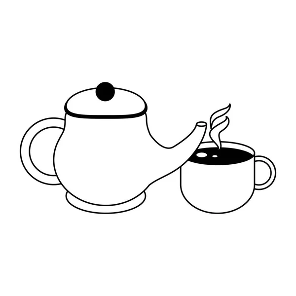 Hett kaffe vattenkokare och cup i svart och vitt — Stock vektor