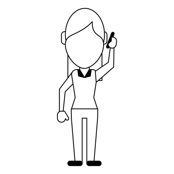Nő a smartphone avatar rajzfilm-fekete-fehér — Stock Vector