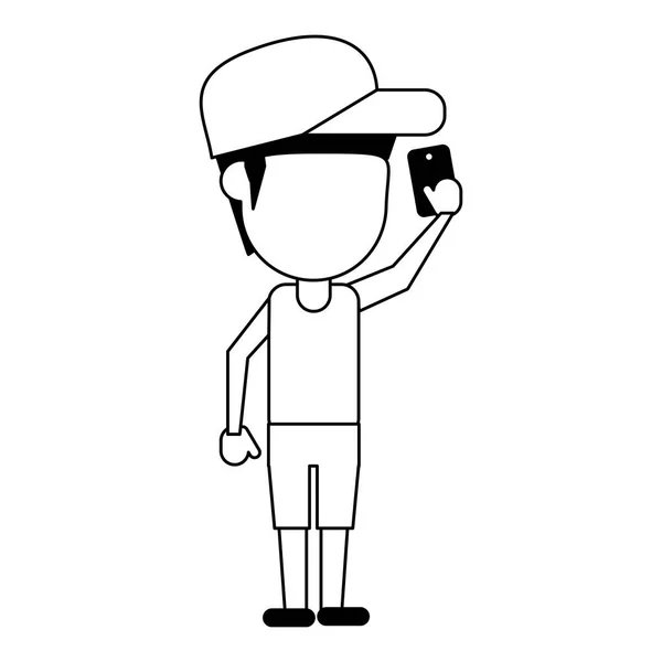 Man met smartphone avatar cartoon in zwart-wit — Stockvector