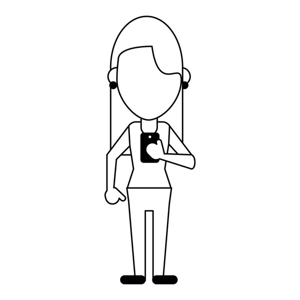 Женщина со смартфоном аватар мультфильм в черно-белом — стоковый вектор