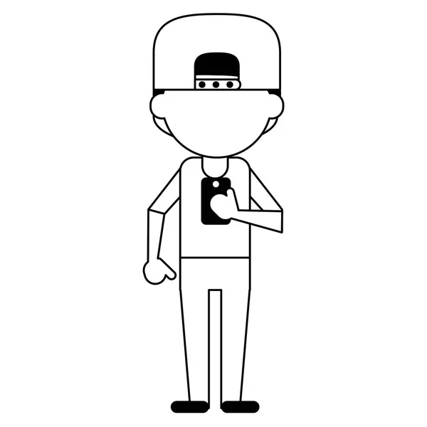Man using smartphone avatar cartoon in black and white — Stock Vector