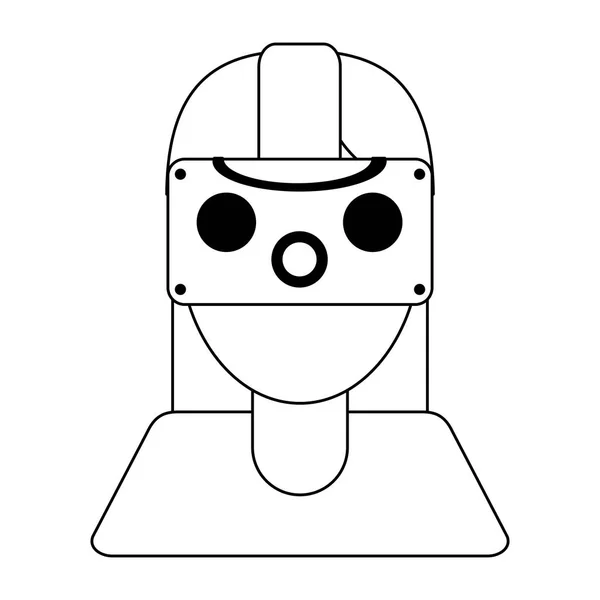 Femme avec technologie de lunettes de réalité virtuelle en noir et blanc — Image vectorielle