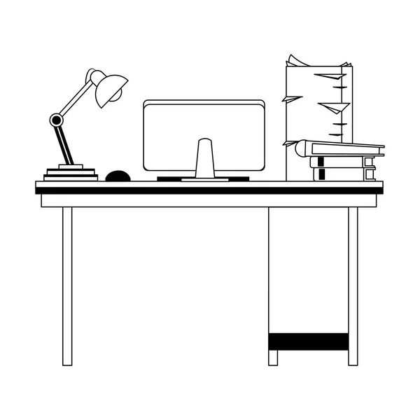 Biurko z komputera światła i arkusze w czerni i bieli — Wektor stockowy