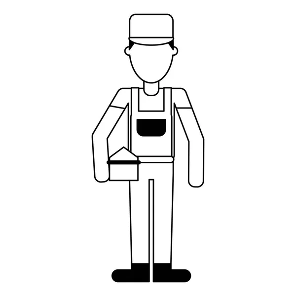Plombier avec boîte à outils avatar ouvrier professionnel en noir et blanc — Image vectorielle
