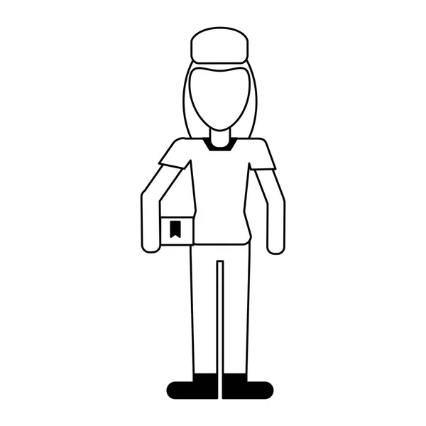 Courier med lådor professionella arbetare avatar i svart och vitt — Stock vektor