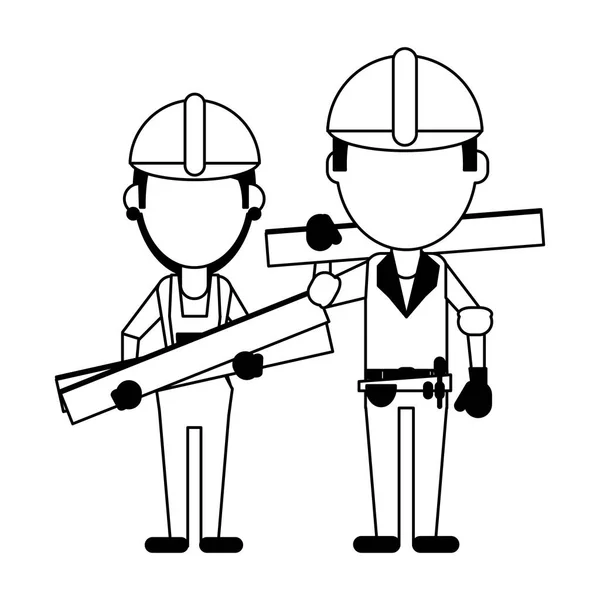 Construction workers avatars in black and white — Stock Vector