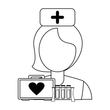 İlk AIDS bavul ve kan testi tüpler siyah beyaz hemşire