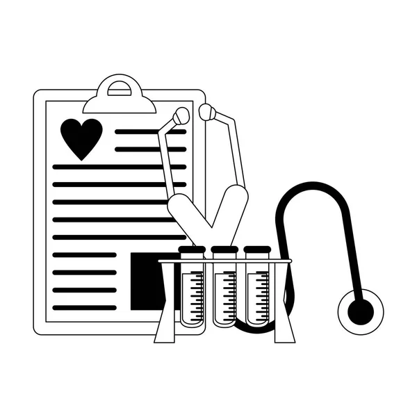 Medical clipboard and test tubes with stethoscopes in black and white — Stock Vector