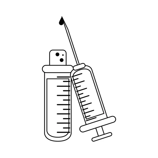 Blood syringe and test tube in black and white — Stock Vector