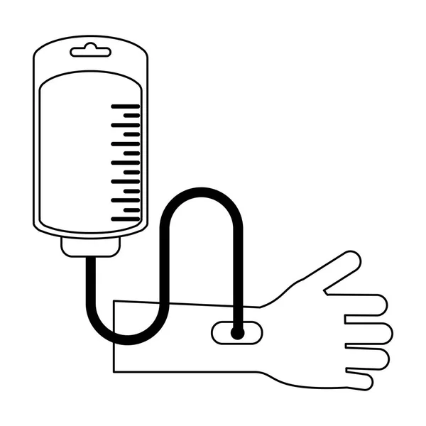 Blood bag transfering to arm in black and white — Stock Vector