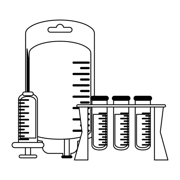 Blutbeutel und Reagenzgläser in schwarz und weiß — Stockvektor