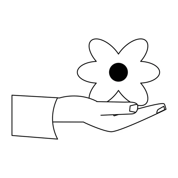 Hand hält Blume Karikatur in schwarz und weiß — Stockvektor