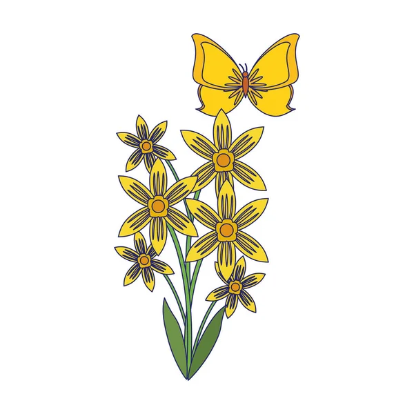 Schöne Blume mit Blättern Karikatur blaue Linien — Stockvektor
