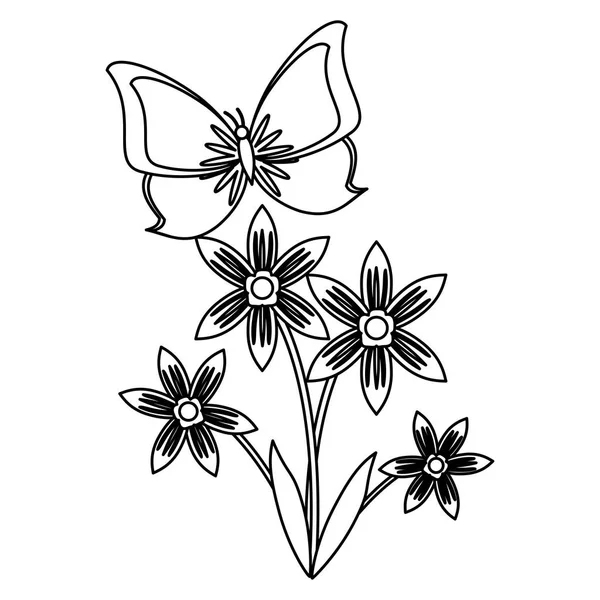 Flor com desenhos animados borboleta em preto e branco —  Vetores de Stock