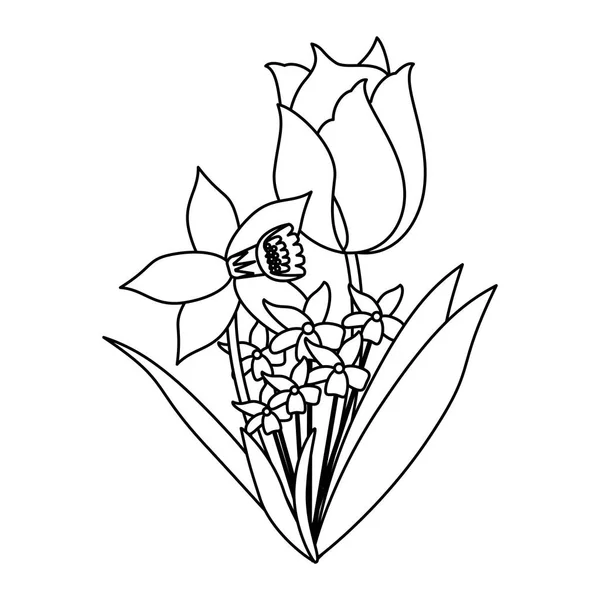 Siyah Beyaz yaprakları karikatür ile güzel çiçekler — Stok Vektör