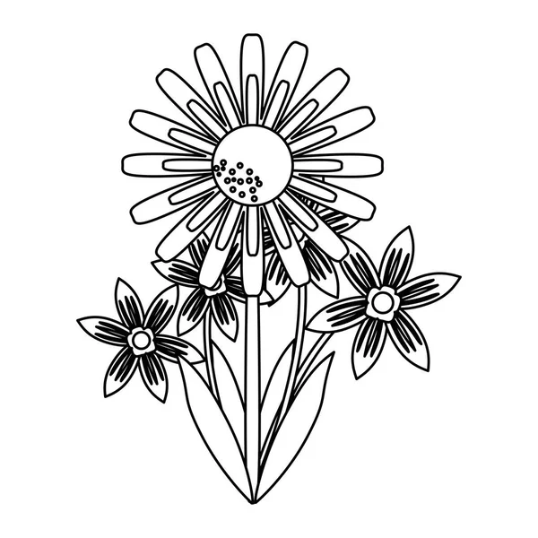 Bela flor com folhas de desenhos animados em preto e branco —  Vetores de Stock