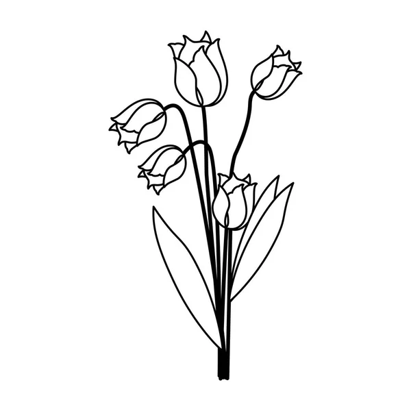 Bellissimo fiore con foglie cartone animato in bianco e nero — Vettoriale Stock