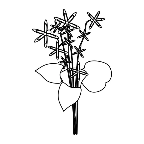 Bellissimo fiore con foglie cartone animato in bianco e nero — Vettoriale Stock