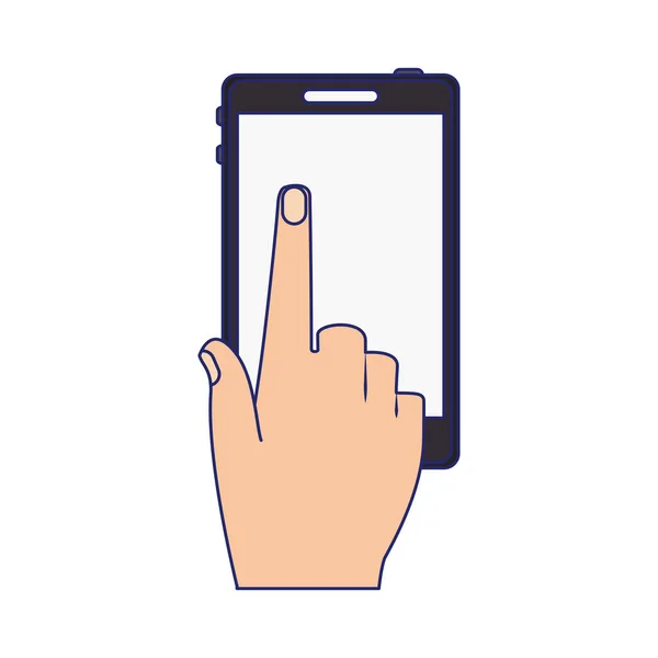 Mão tocando símbolo de tela do smartphone linhas azuis —  Vetores de Stock